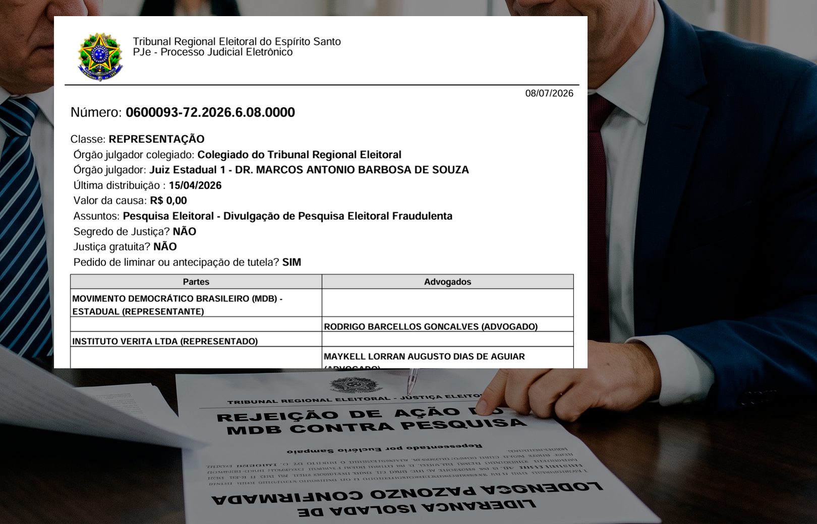 Justiça Eleitoral rejeita ação do MDB, representado por Euclério Sampaio, contra pesquisa que confirma liderança isolada de Lorenzo Pazolini